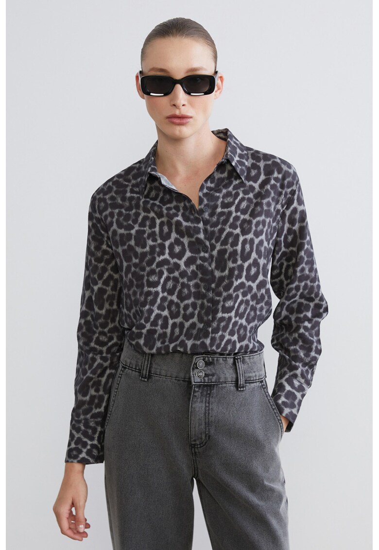 Camasa cu model animal print si nasturi - Gri antracit
