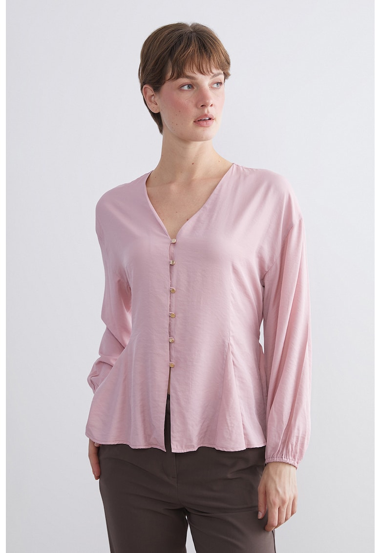 Bluza cu decolteu in V - nasturi si cordon in talie - Roz deschis