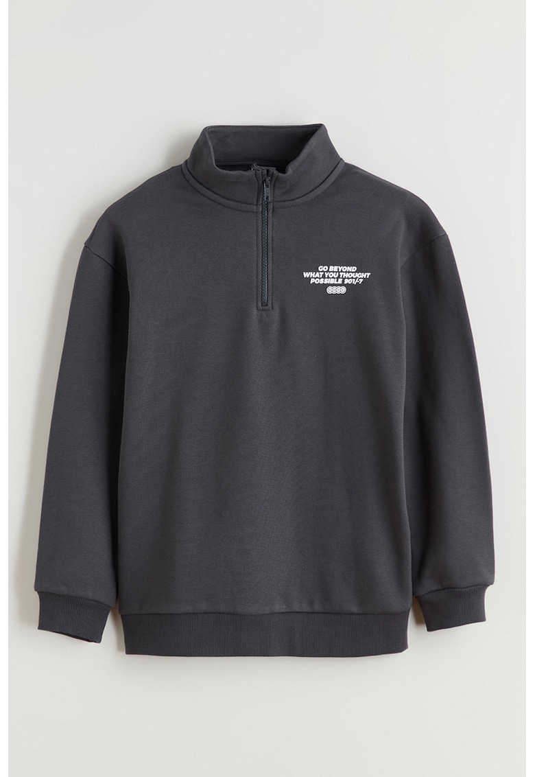 Bluza de trening cu fenta cu fermoar si imprimeu text