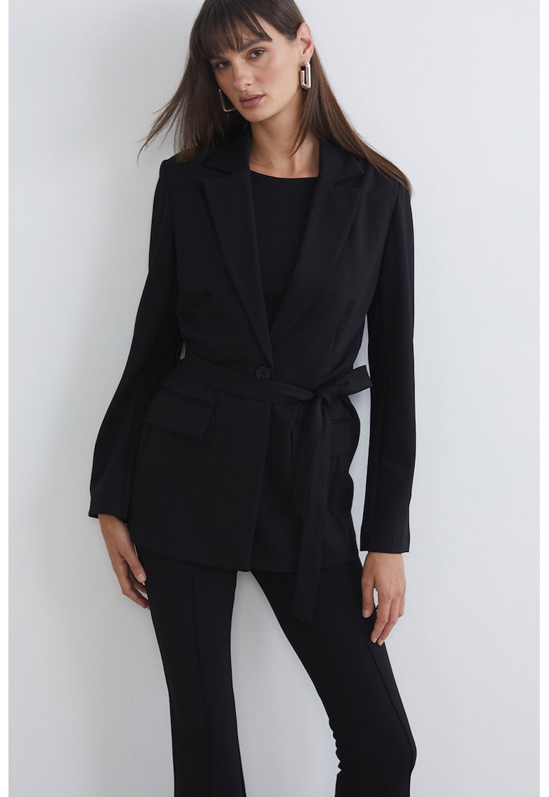 Sacou cu revere decupate si cordon in talie - Negru