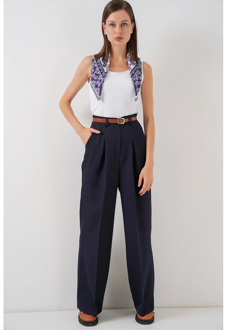 Pantaloni dama - HiCCUP - Palazzo plisati - talie inalta - albastru marin - textil