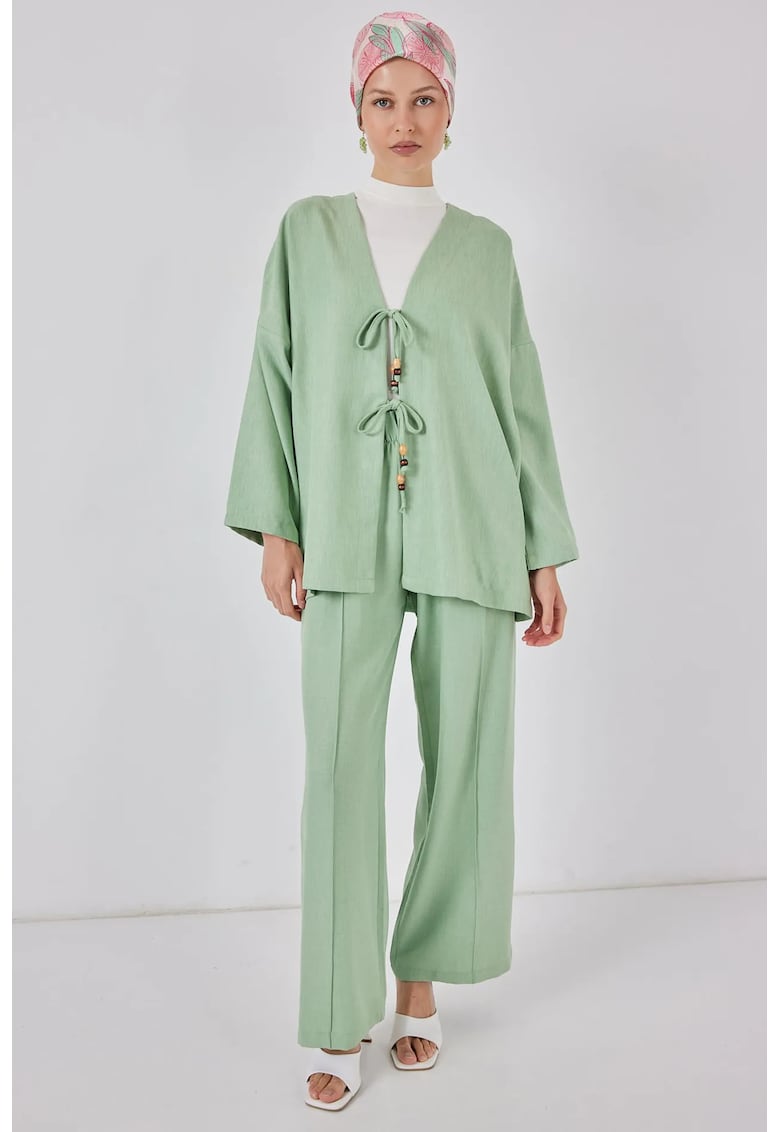 Compleu dama - set cardigan din amestec de in cu detalii - pantaloni cu picior larg - verde - textil -