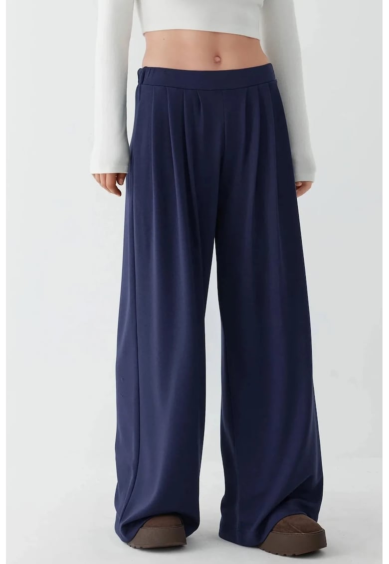 Pantaloni dama - plisati - picior larg - bleumarin - poliester