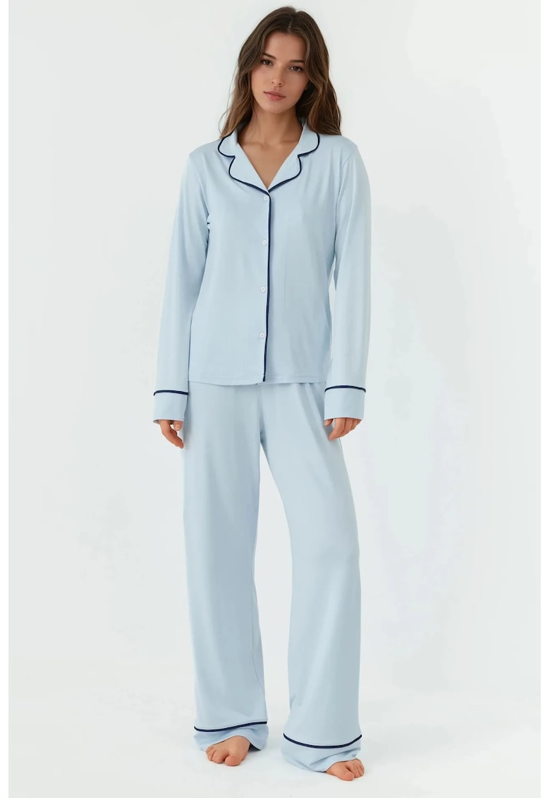Pijamale dama - maneca lunga - guler tip camasa - croiala relaxata - albastru - jerseu