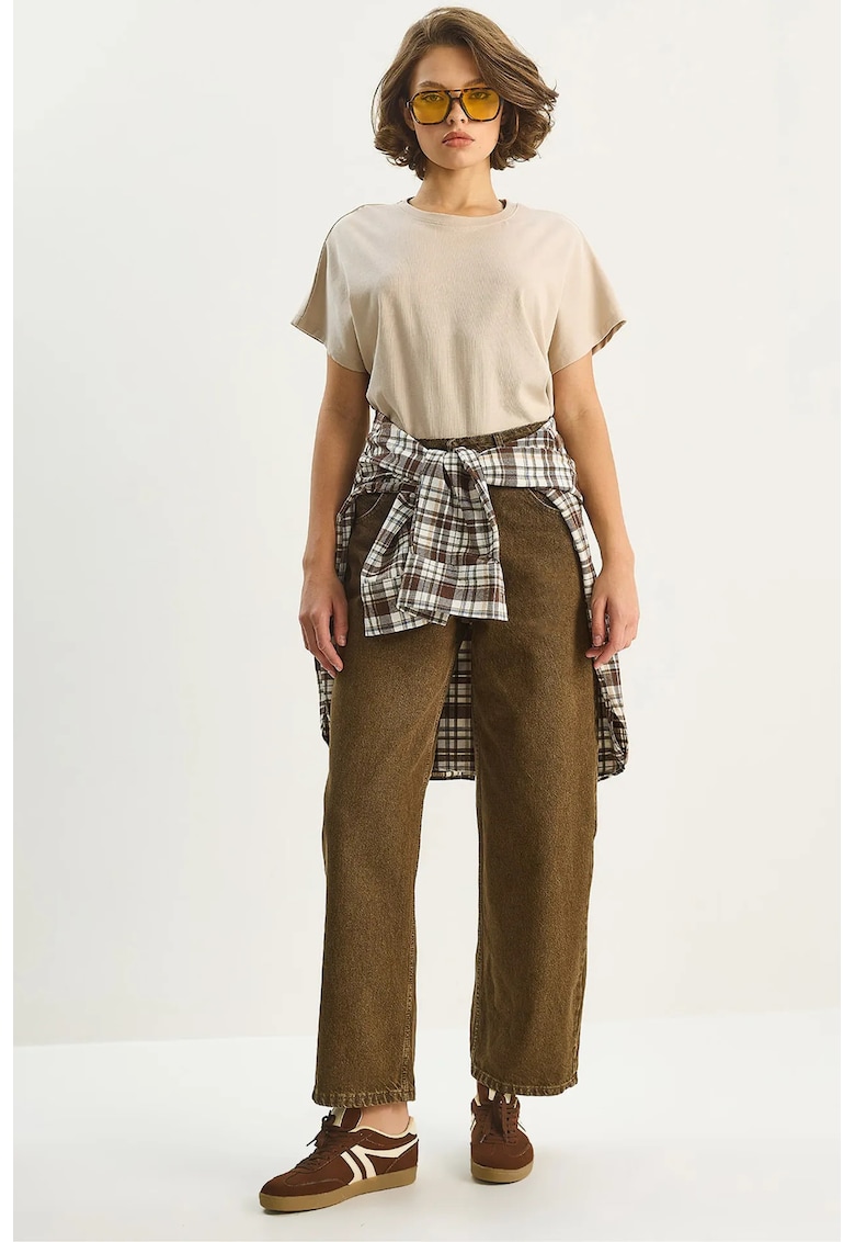 Pantaloni dama - blugi largi cu talie inalta - mansete - maro - bumbac