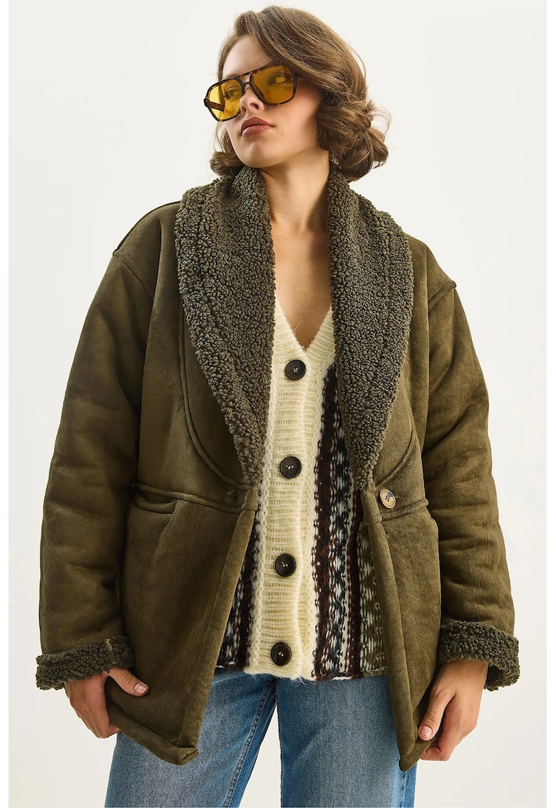 Palton dama - pufos - kaki - blana artificiala