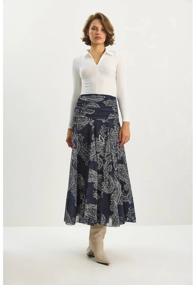 Fusta Midi HiCCUP cu Talie Inalta - Imprimeu Etnic - Albastru marin - Textil