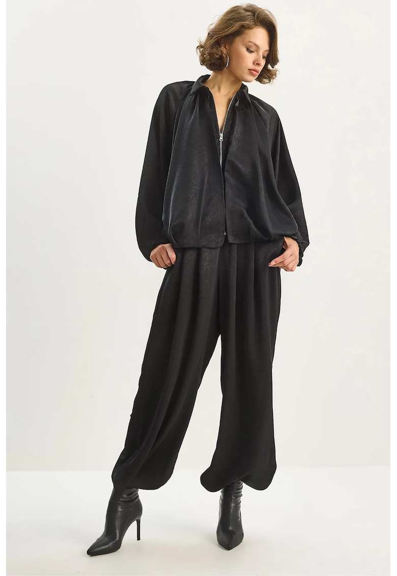 Compleu dama bluza polo supradimensionata - pantaloni cu talie inalta - negru - textil
