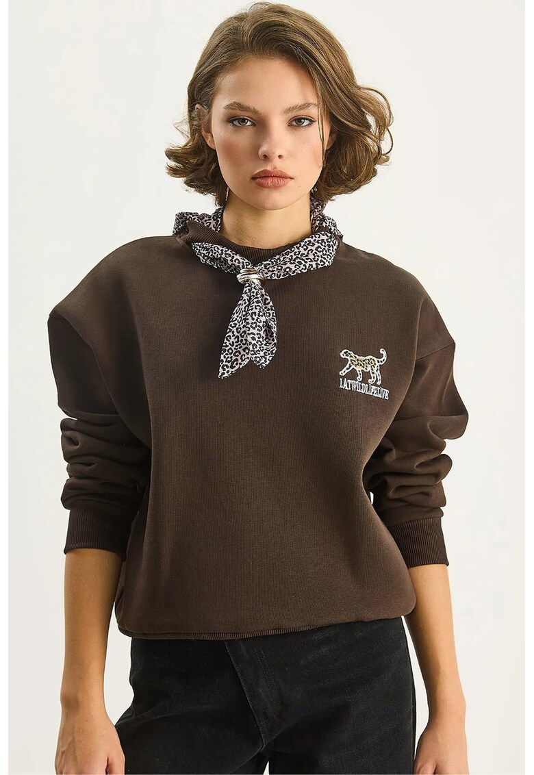 Hanorac dama brodat - guler rotund - imprimeu leopard - maro - textil