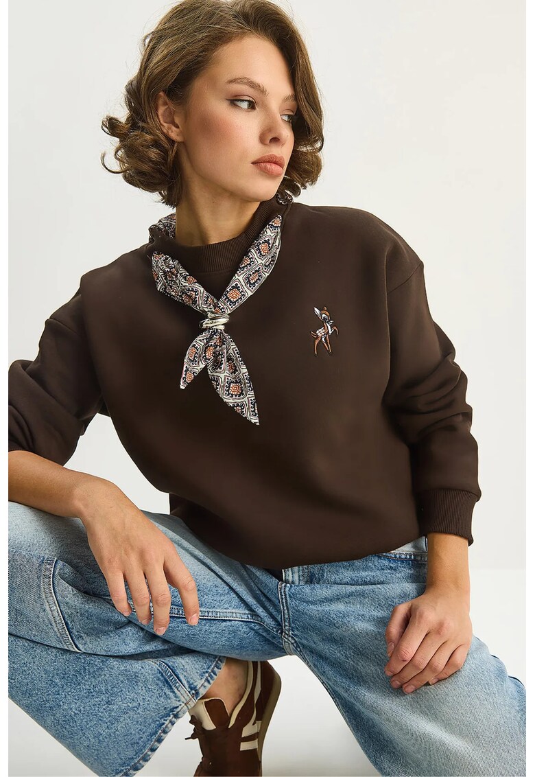 Hanorac dama cu guler rotund și broderie - Maro inchis