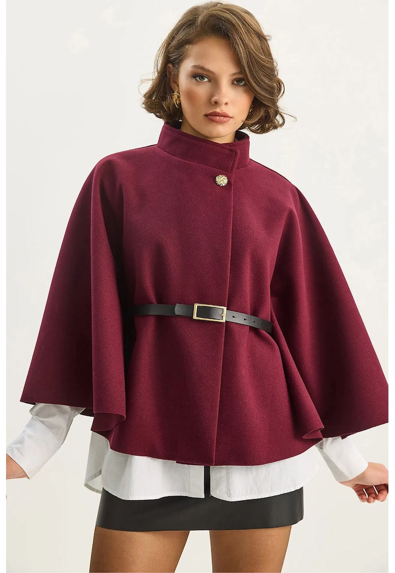 Palton supradimensionat din amestec de lana texturata - rosu inchis - cu guler tip jacheta