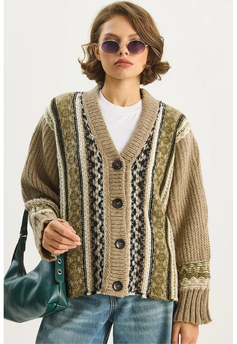 Pulover dama - Tricot - Bej - Decolteu in V -