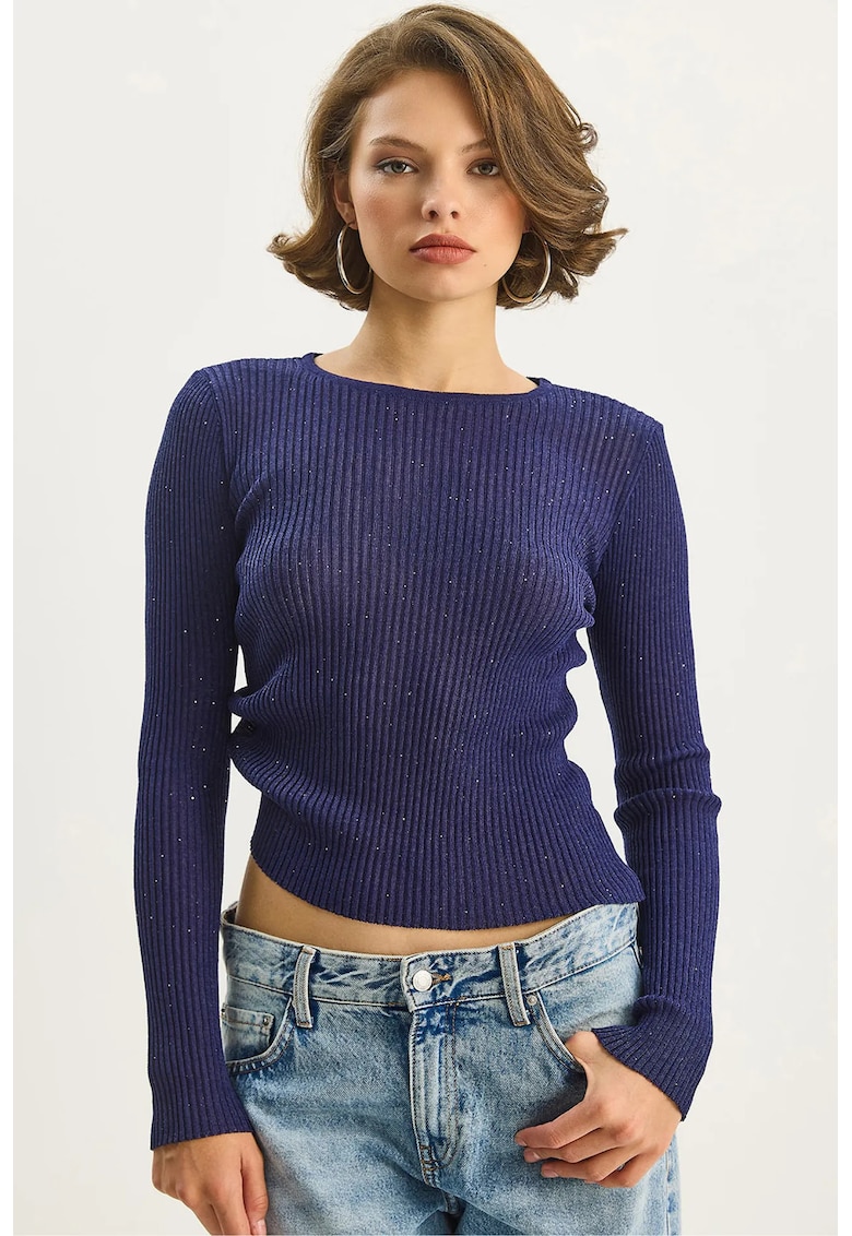 Bluza dama - tricotata - detalii cu paiete - albastru - tricot -