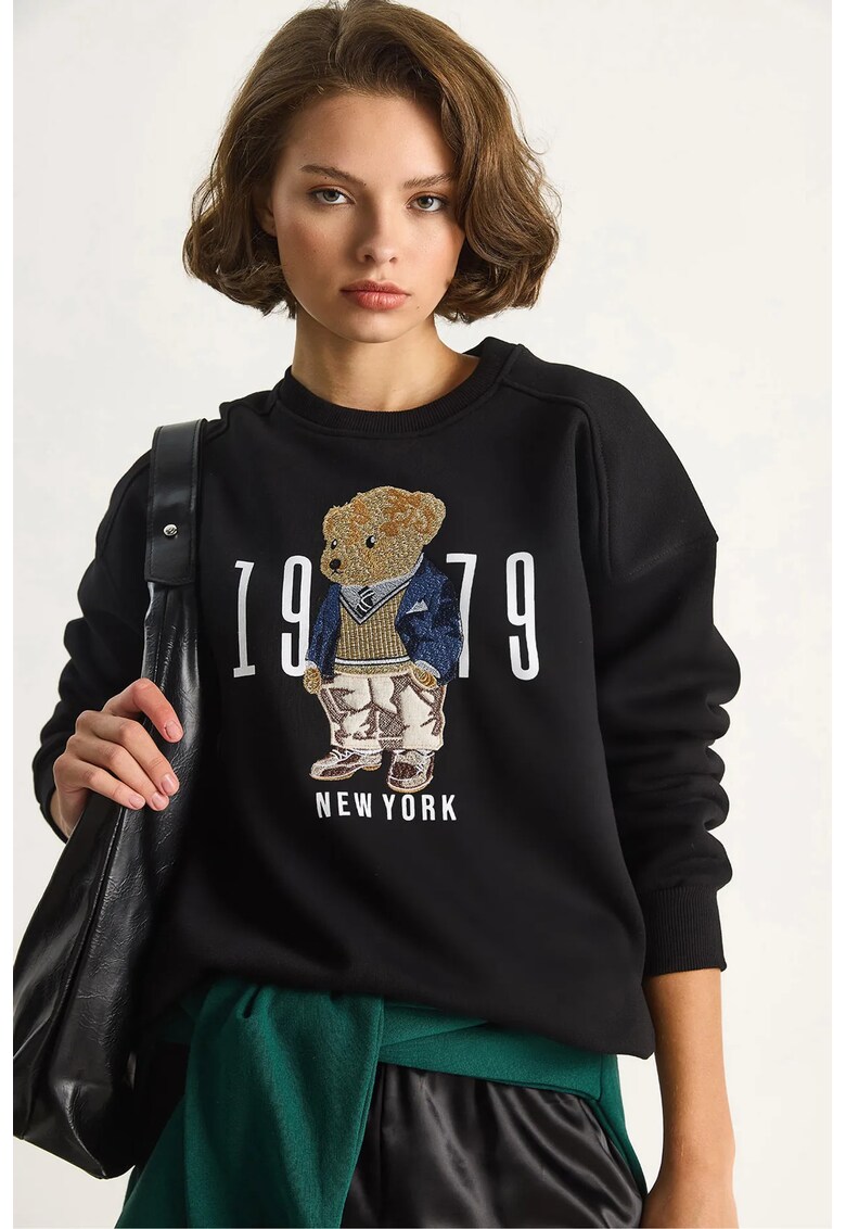 Hanorac dama Relaxed Fit - guler rotund - negru - textil