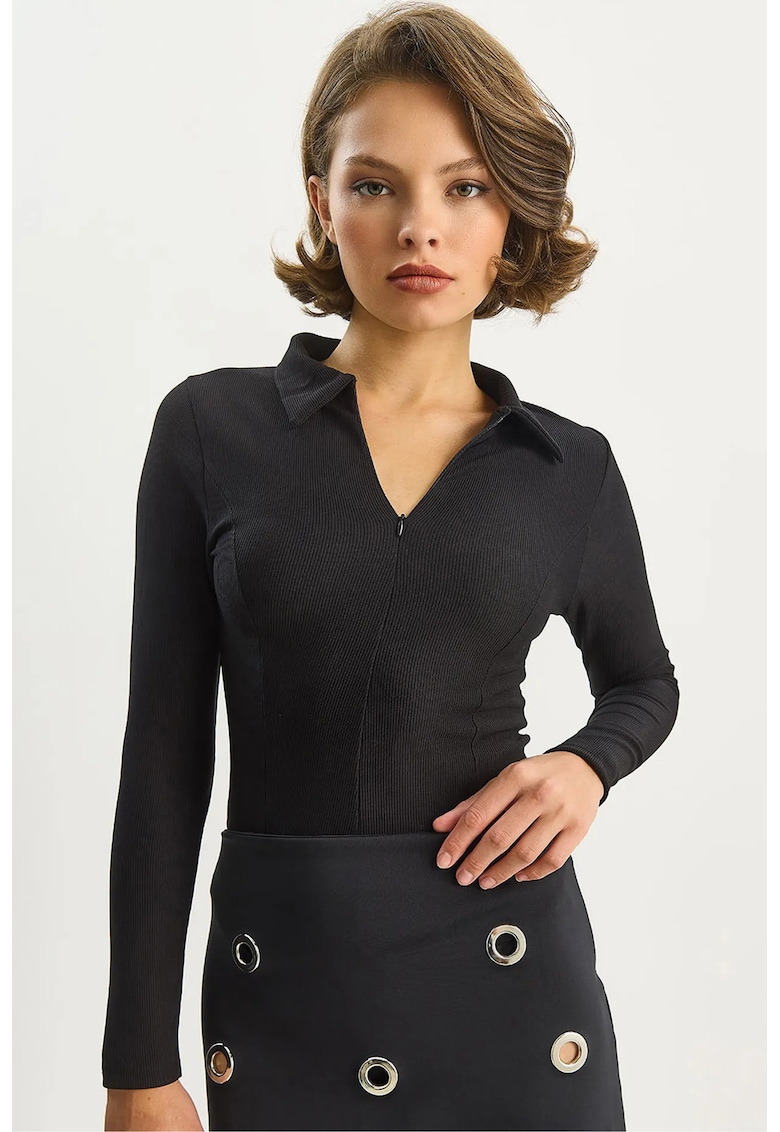 Bluza dama guler cu fermoar - slim fit - negru - jerseu