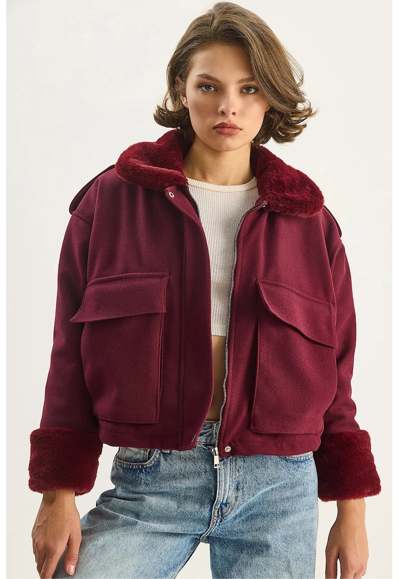 Jacheta dama cu fermoar - amestec de lana - medie - texturata - bordeaux - bumbac