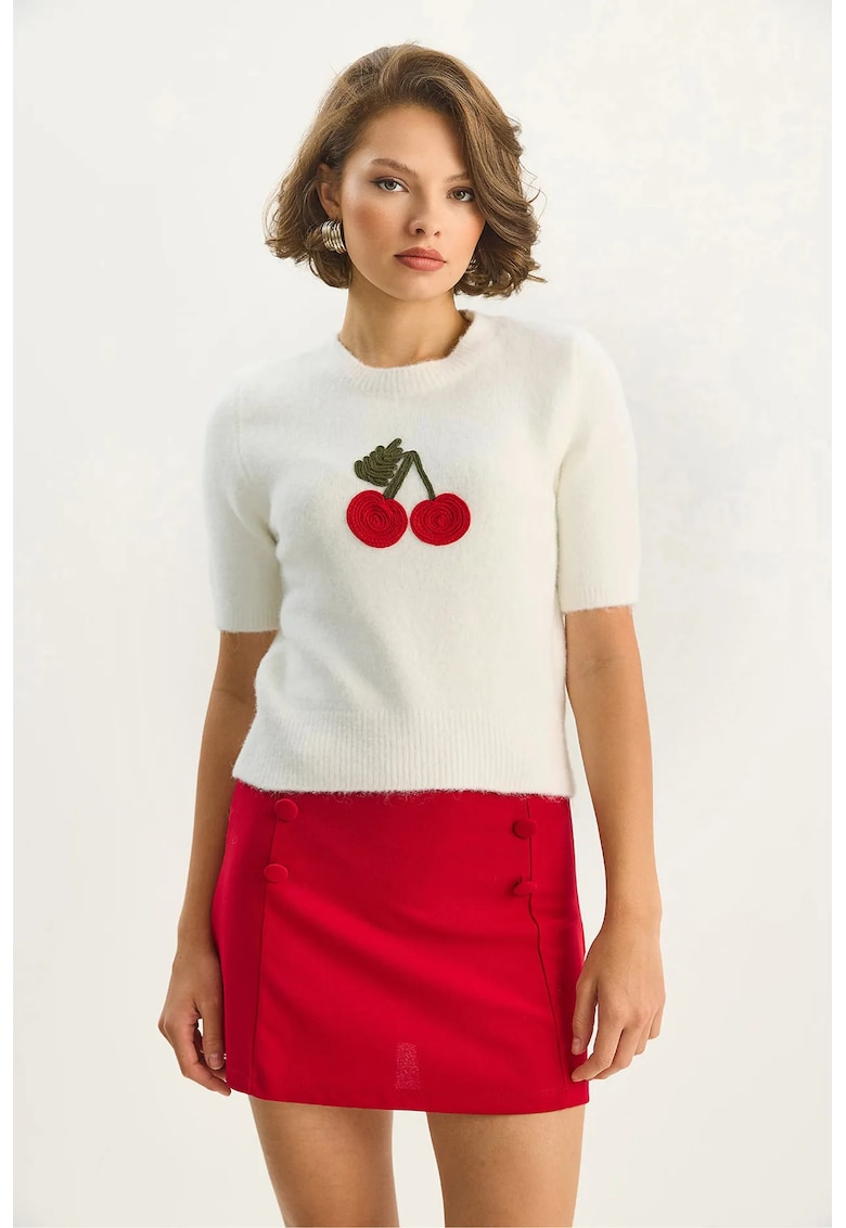 Pulover dama - brodat cu guler rotund - alb - jerseu -