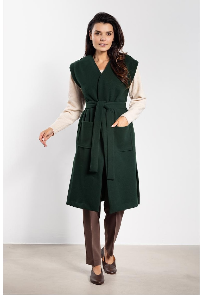 Vesta lunga cu cordon in talie si buzunare