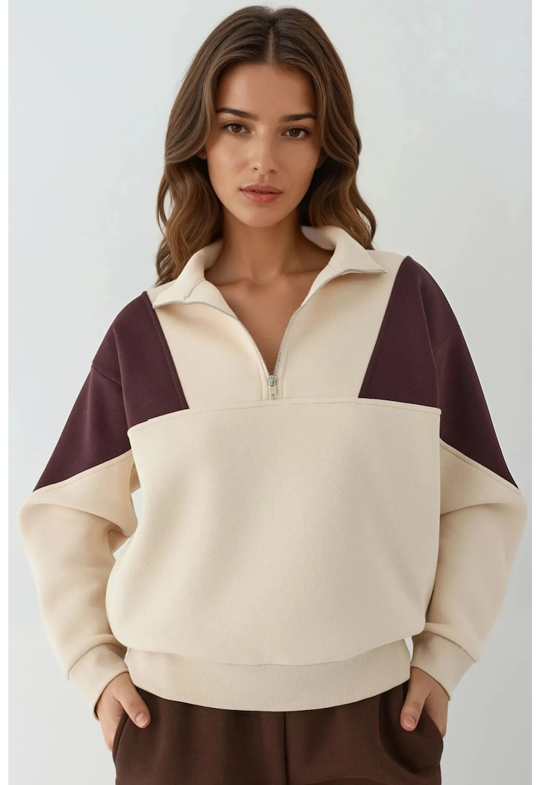 Hanorac dama guler inalt cu fermoar - confortabil - crem - textil