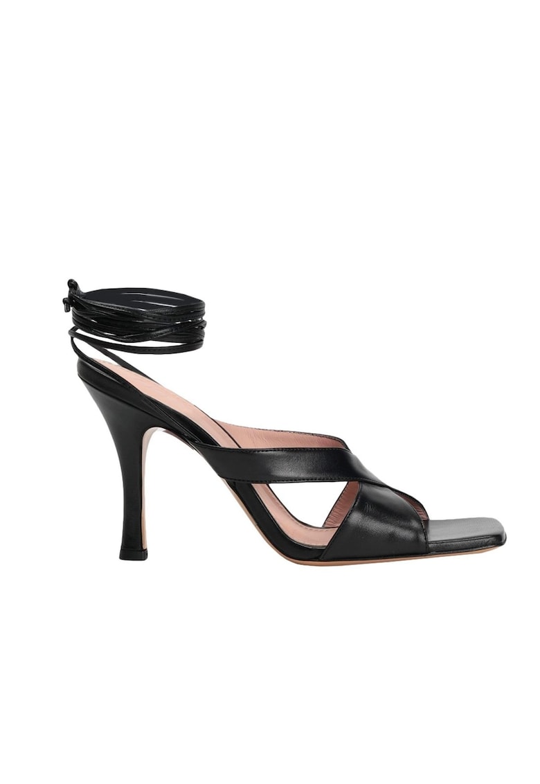 Sandale din piele varf patrat si siret Negru - Negru