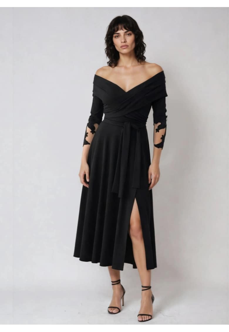 Rochie midi evazata cu maneci brodate Rimini - Negru