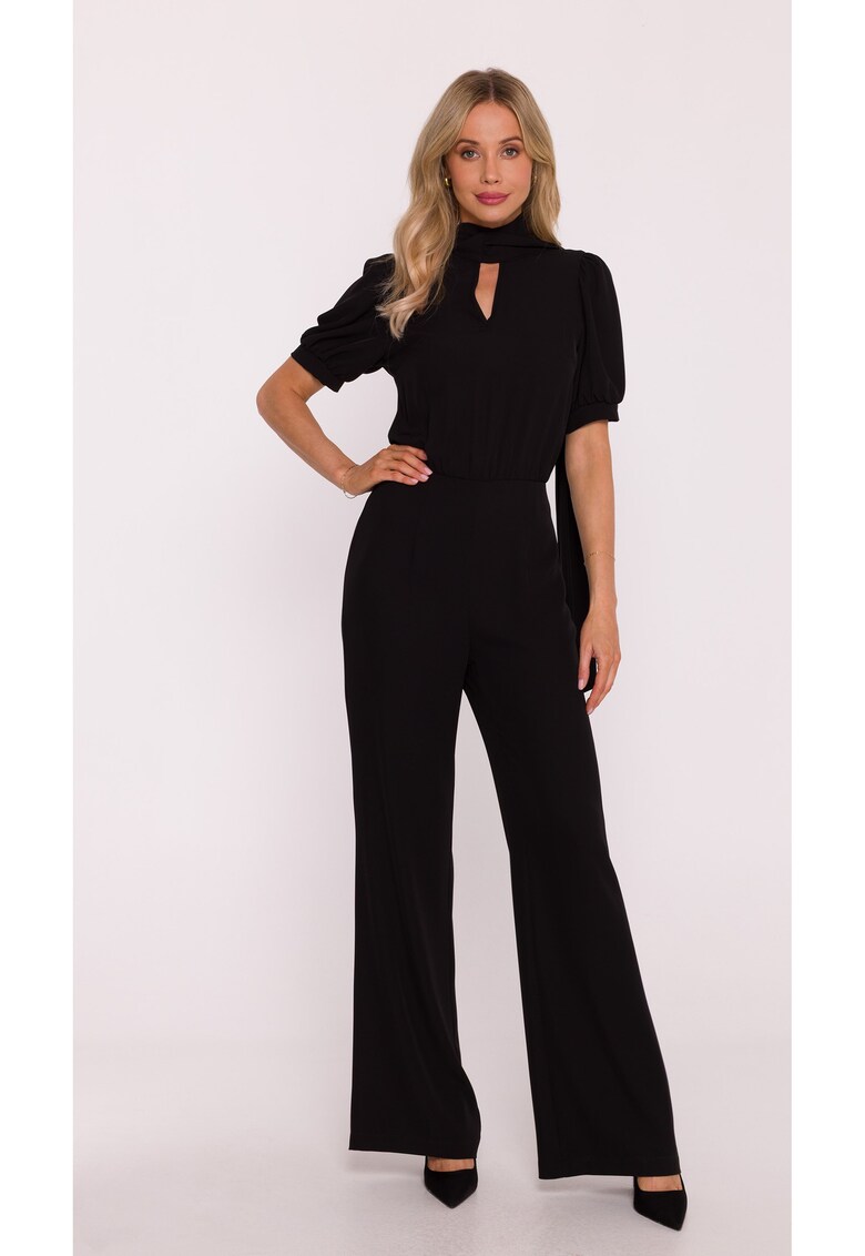 Salopeta cu maneca scurta si pussy-bow - Negru