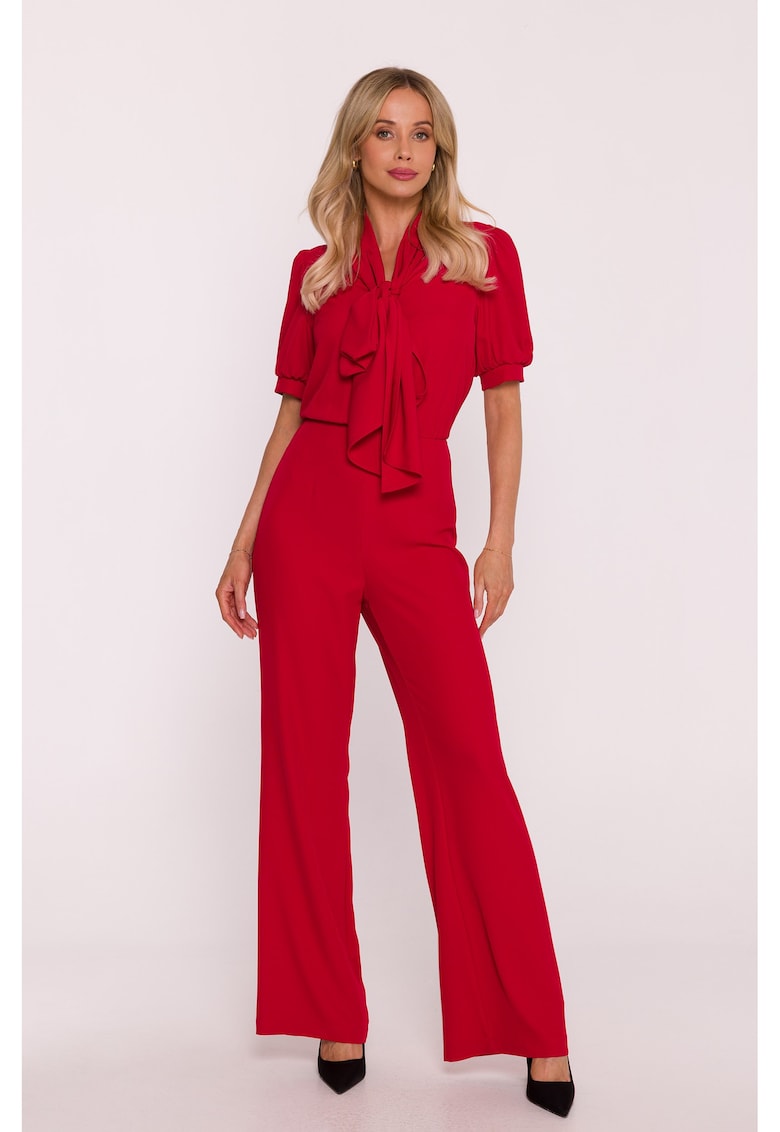 Salopeta cu maneca scurta si pussy-bow - Rosu