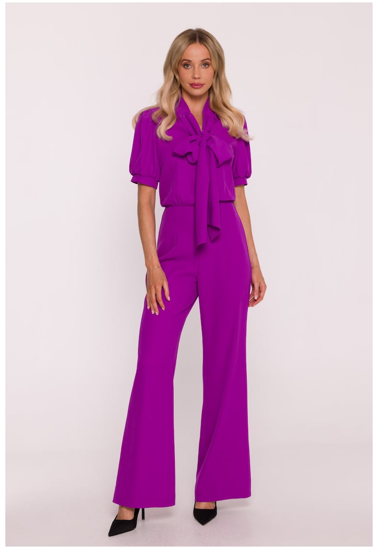Salopeta cu maneca scurta si pussy-bow - Violet