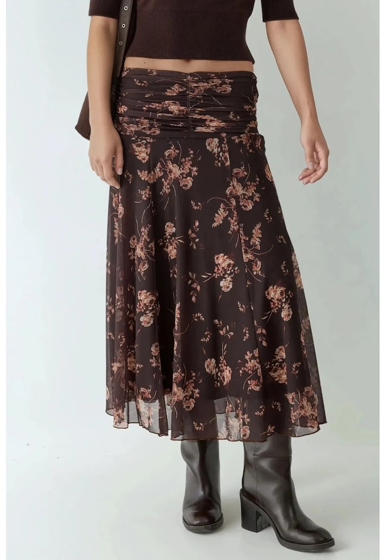 Fusta midi petrecuta imprimeu si volane - maro inchis - textil