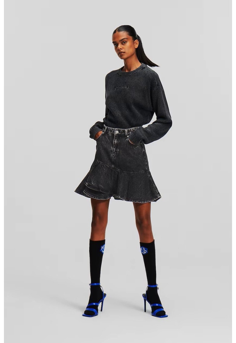 Fusta mini din denim cu volane S INTL Gri inchis