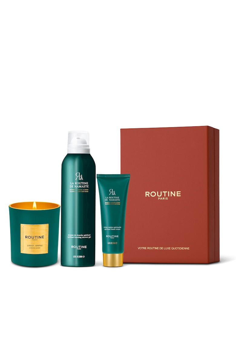 Set Cadou la Routine de Namaste - : Spuma de dus 200 ml + Crema de maini 75 ml + Lumanare clasica 165 g