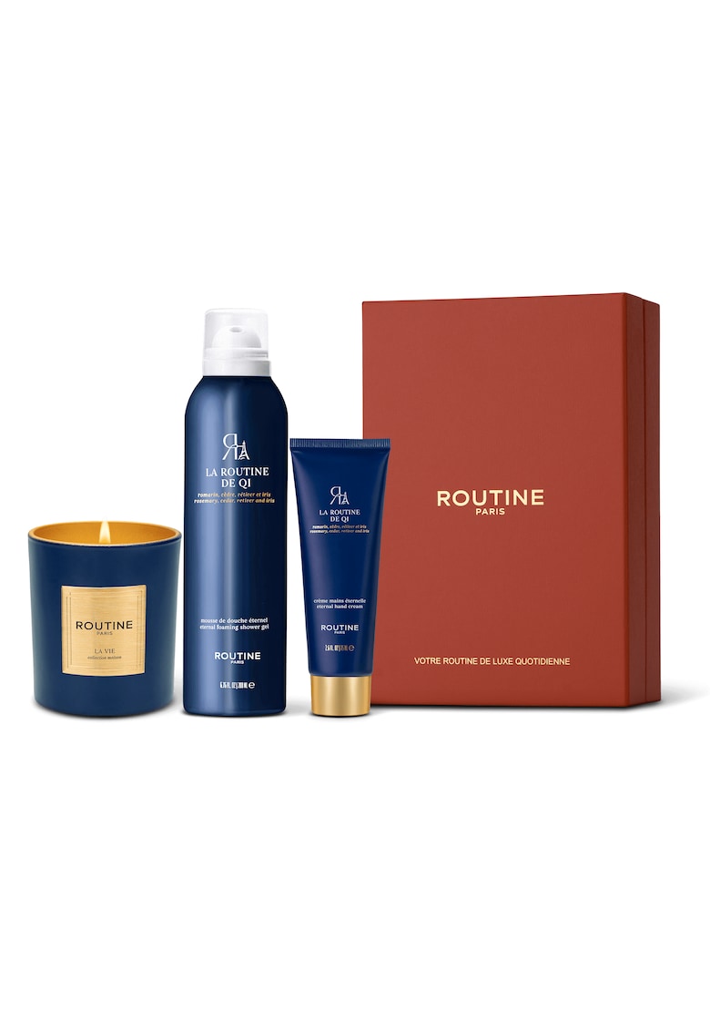 Set Cadou la Routine de Qi - : Spuma de dus 200 ml + Crema de maini 75 ml + Lumanare clasica 165 g