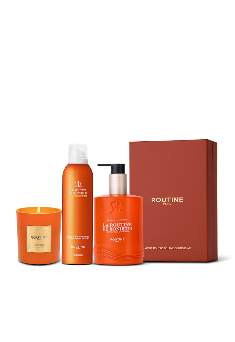 Set Cadou la Routine de Bonheur - Grande: Spuma de dus 200 ml + Lapte pentru maini si corp 300 ml+ Lumanare clasica 165 g