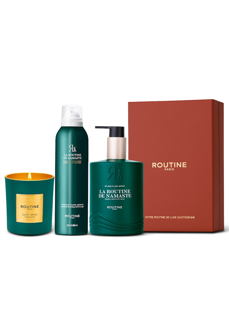 Set Cadou la Routine de Namaste - : Spuma de dus 200 ml + Lapte pentru maini si corp 300 ml + Lumanare clasica 165 g