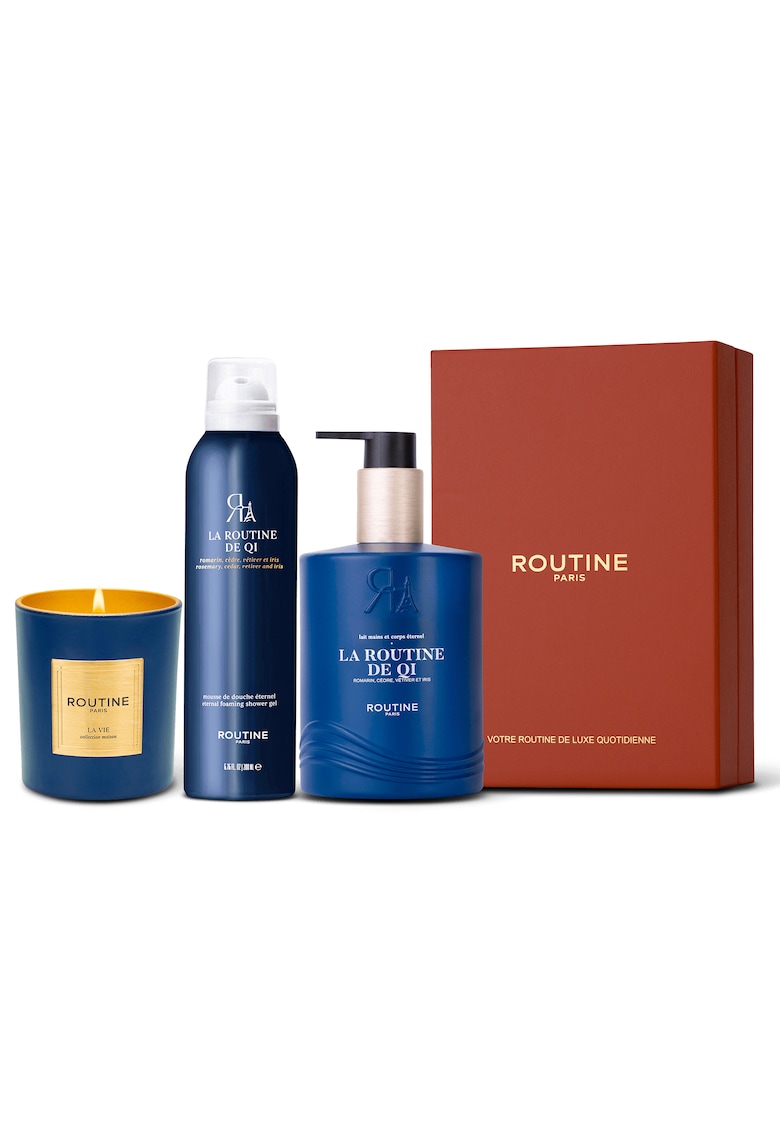 Set Cadou la Routine de Qi - : Spuma de dus 200 ml + Lapte pentru maini si corp 300 ml + Lumanare clasica 165 g