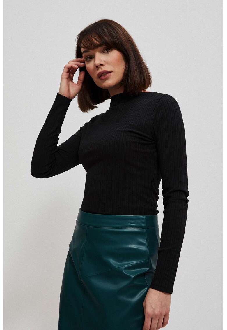 Bluza ajustata din tricot cu dungi - cu maneci lungi - neagra - Negru