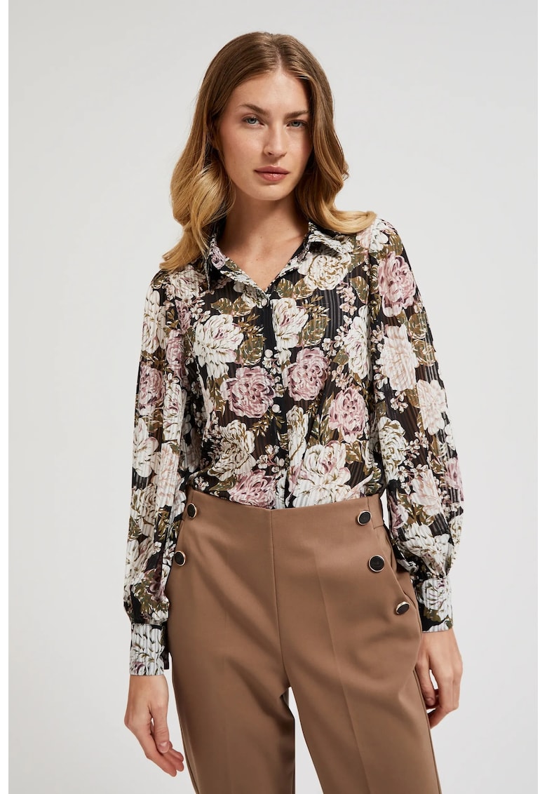 Camasa plisata cu model floral si maneci bufante - neagra - Negru