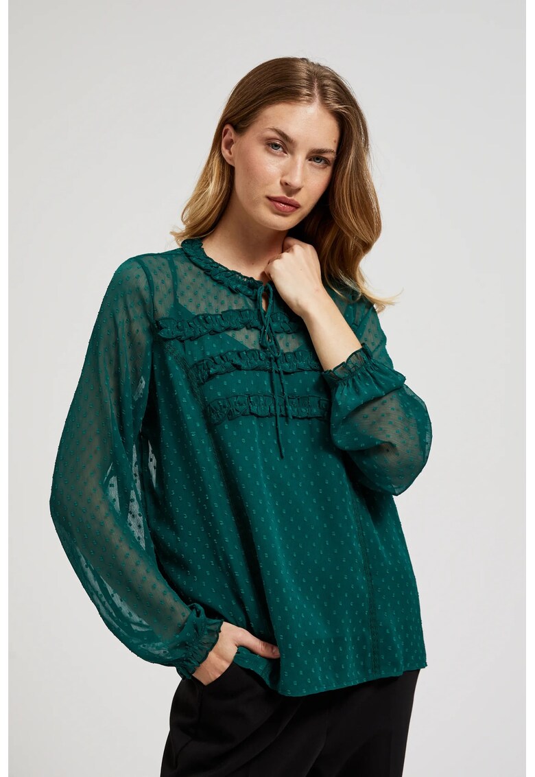 Camasa verde cu volane si legatura la decolteu - Verde inchis