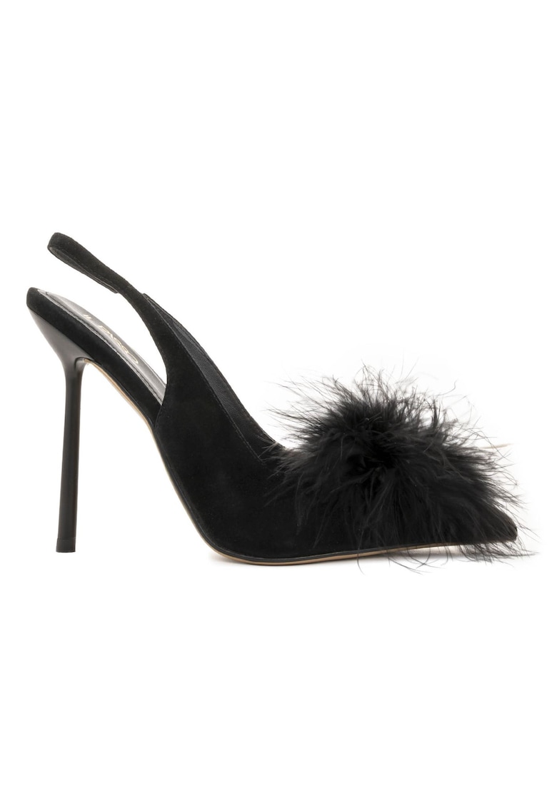 Pantofi din piele intoarsa cu detaliu cu puf Maragaret - Negru