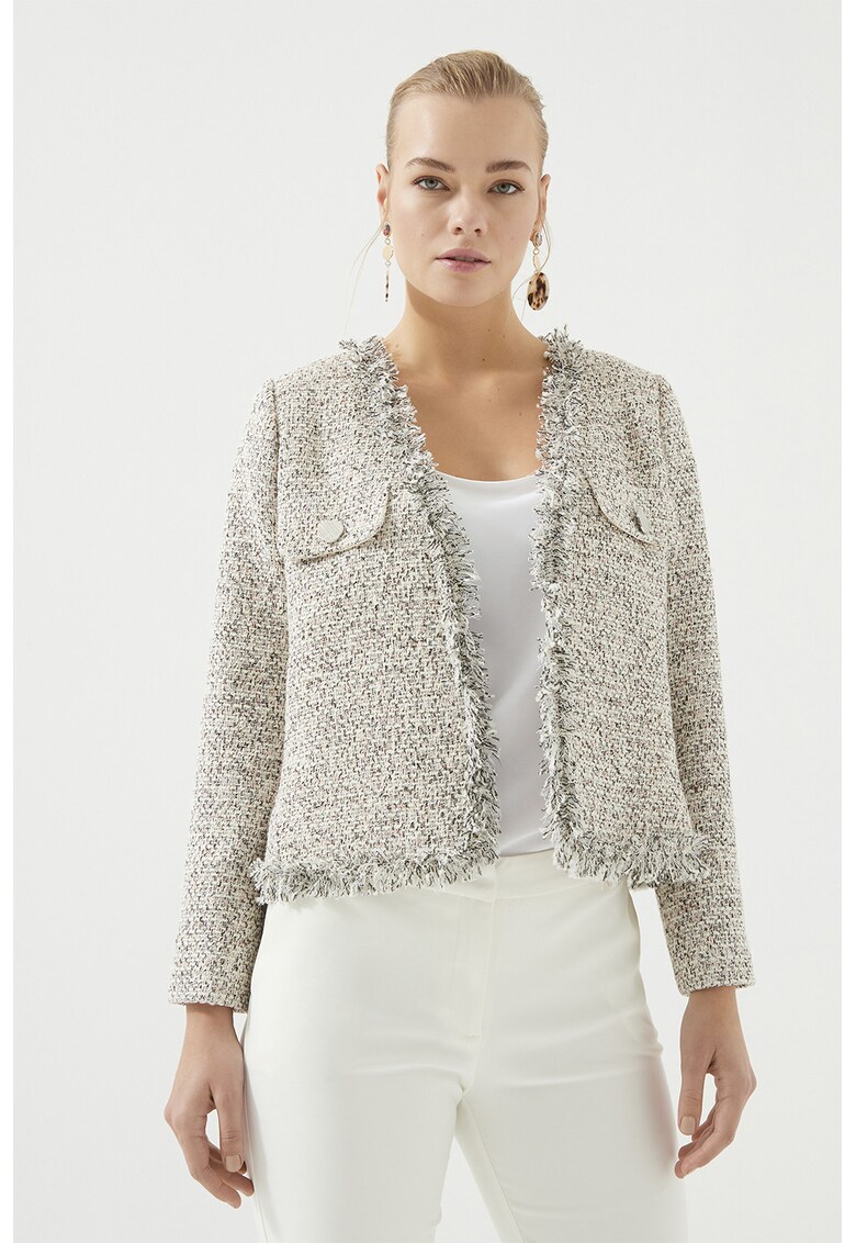 Jacheta din tuid cu buzunare pe piept - Alb fildes/Negru/Gri deschis melange