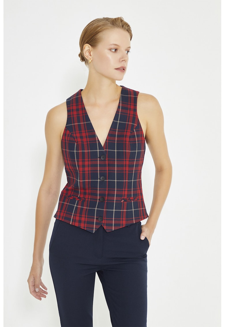 Vesta cu buzunare cu refilet si model in carouri