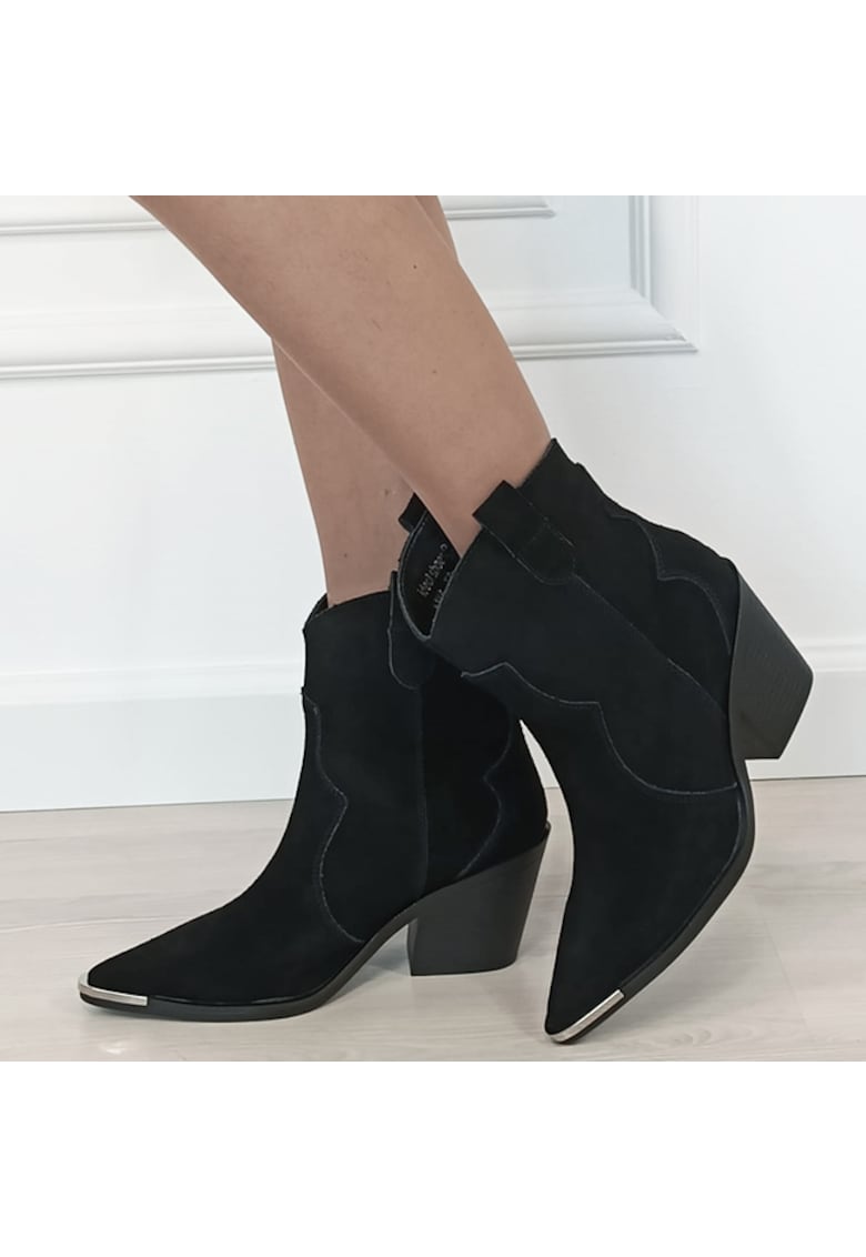 Cizme scurte negre din piele naturala cu toc comod 6397 114 18657