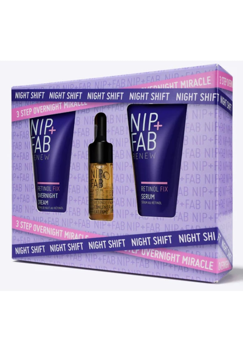 Set NIP+FAB Night Shift Trio: Ser de noapte facial Retinol Fix Extreme 3 % 20 ml + Crema de noapte Retinol Fix 3% - 20 ml + Ser Concentrat Retinol Fix 10 % - 10 ml