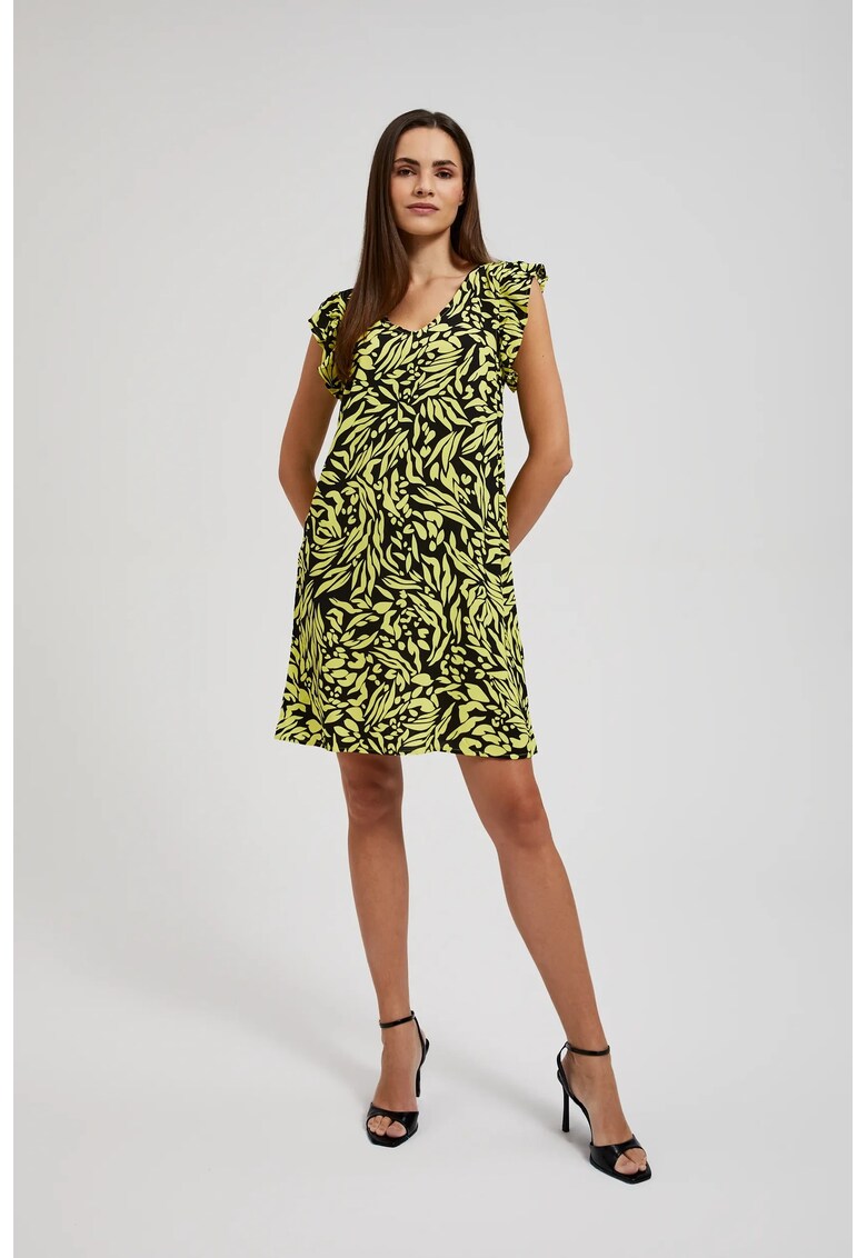 Rochie modelata cu imprimeu - neagra - de lungime pana la genunchi - Negru