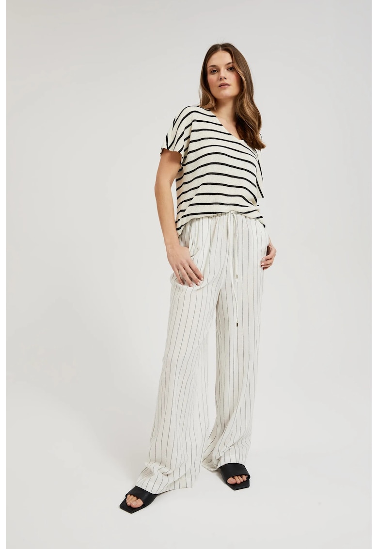 Pantaloni din in in dungi albe - Alb murdar