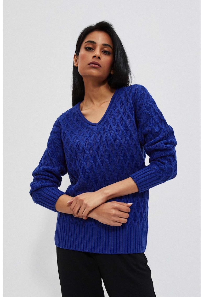 Pulover cu tricot decorativ in azur - Albastru
