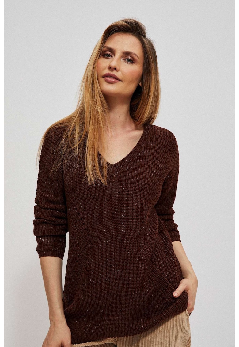 Pulover cu fir metalic in castan - Maro inchis