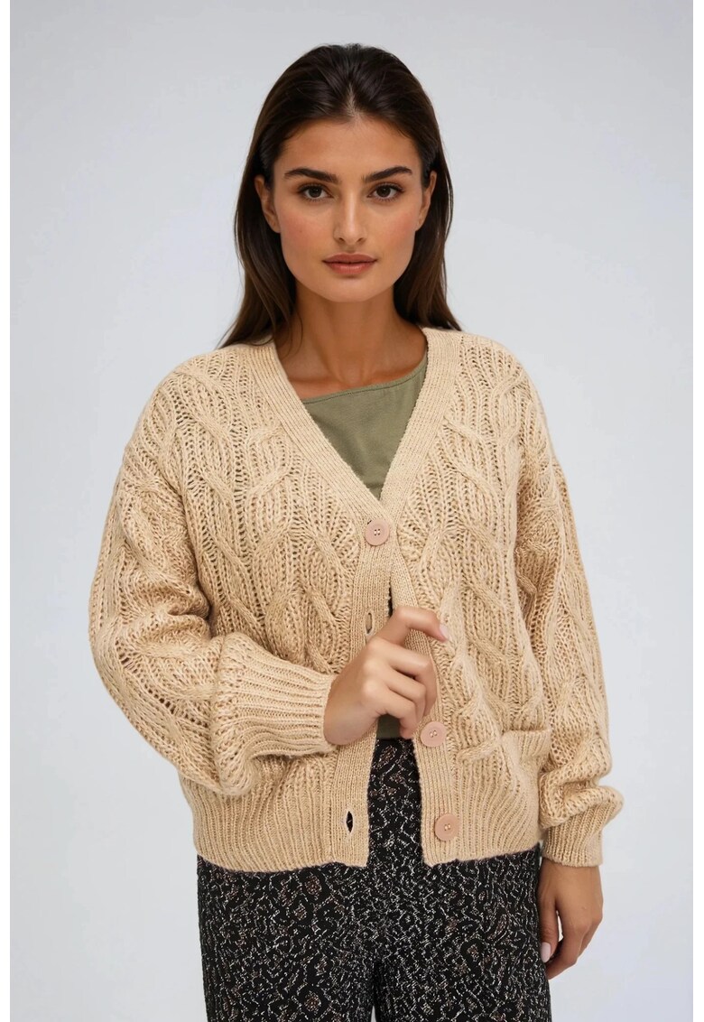 Cardigan bej cu decolte in V - Gri
