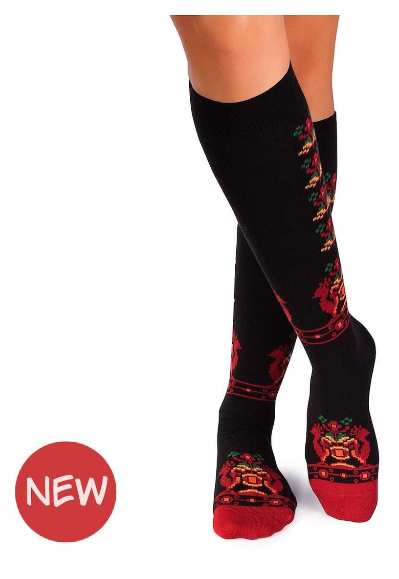 Sosete dama lungi 3/4 din bumbac cu motive traditionale romanesti Negru