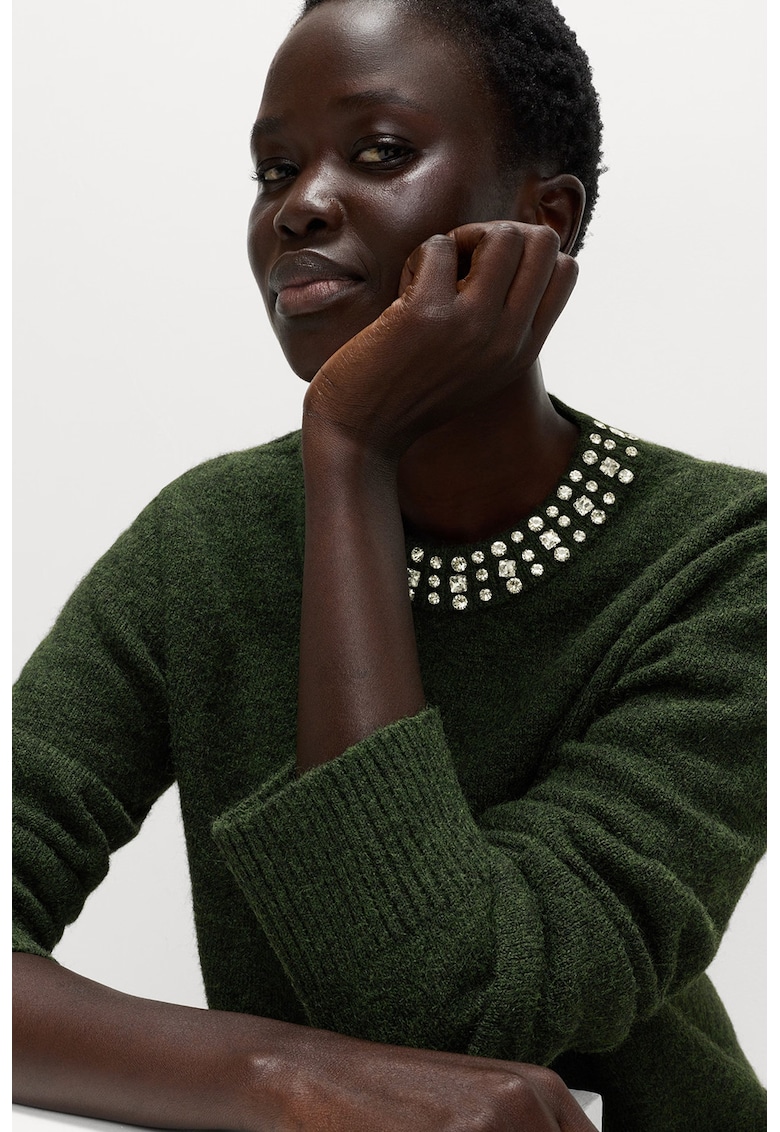 Pulover din amestec de lana cu strasuri la decolteu - Kaki pal